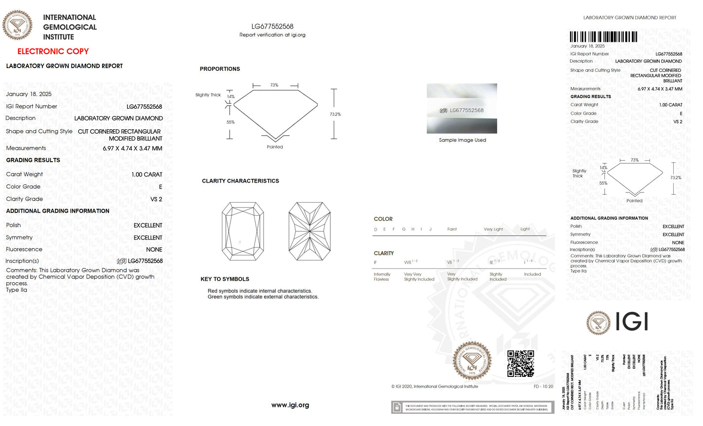 1.00 CT. Radiant VS2 Clarity / E Color IGI Certified Lab Grown Loose Diamond.