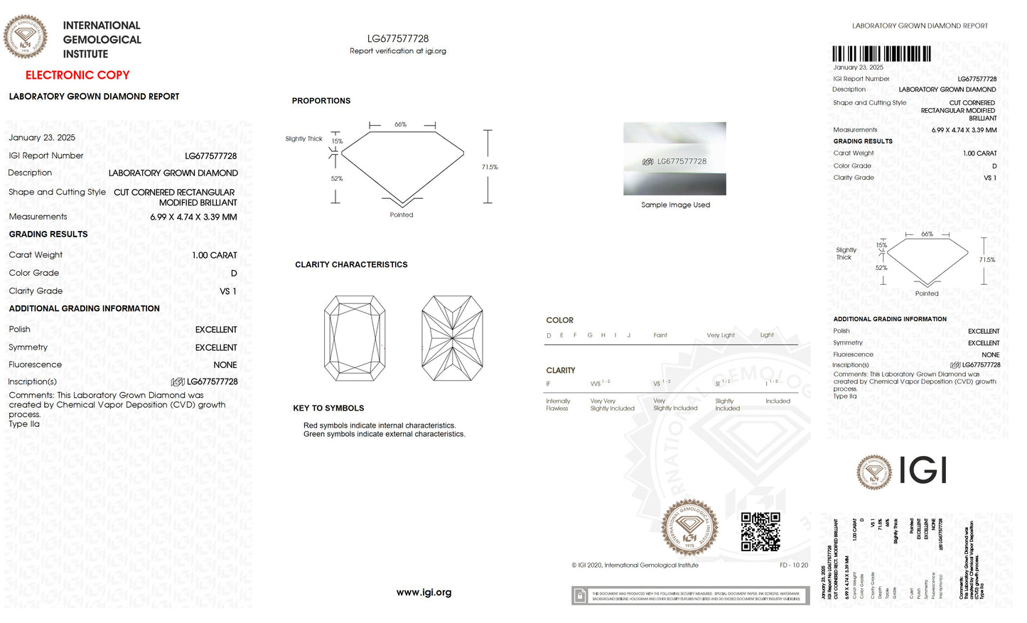 1.00 CT. Radiant VS1 Clarity / D Color IGI Certified Lab Grown Loose Diamond.