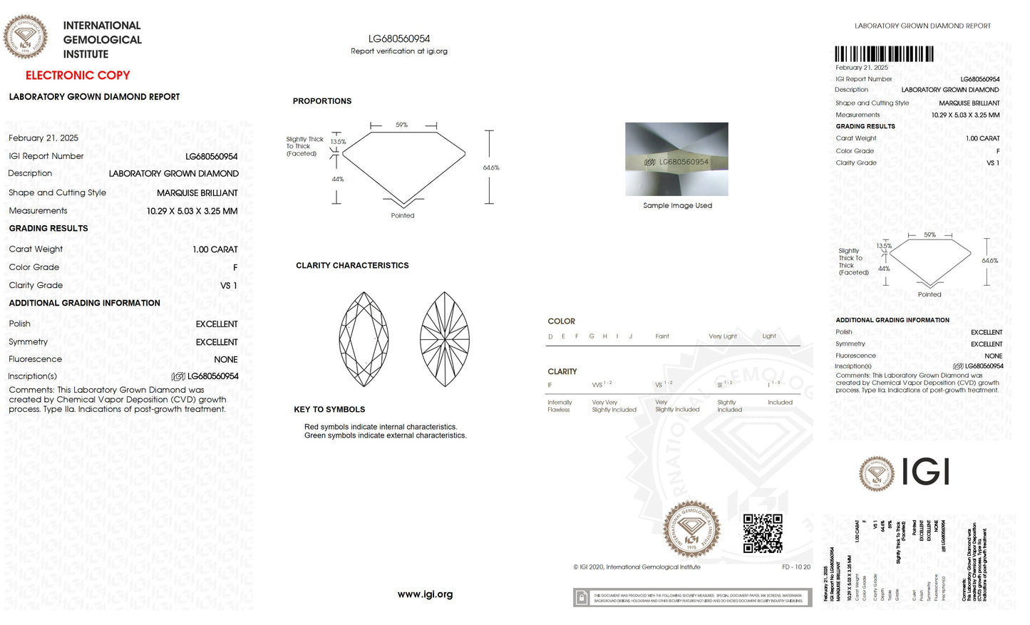 1.00 CT. Marquise VS1 Clarity / F Color IGI Certified Lab Grown Loose Diamond.