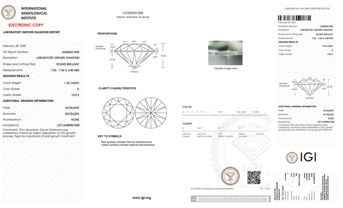 1.34 CT. Round VVS2 Clarity / D Color IGI Certified Lab Grown Loose Diamond.