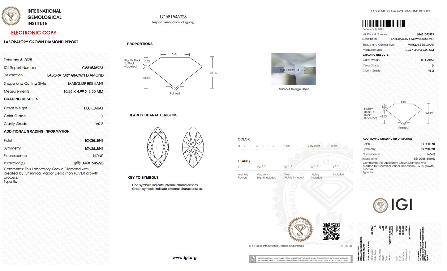 1.00 CT. Marquise VS2 Clarity / D Color IGI Certified Lab Grown Loose Diamond.