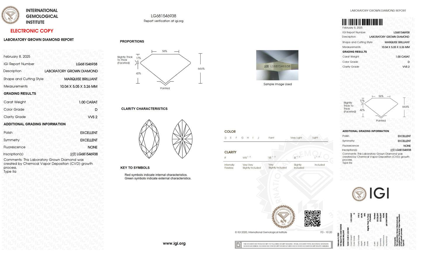 1.00 CT. Marquise VVS2 Clarity / D Color IGI Certified Lab Grown Loose Diamond.