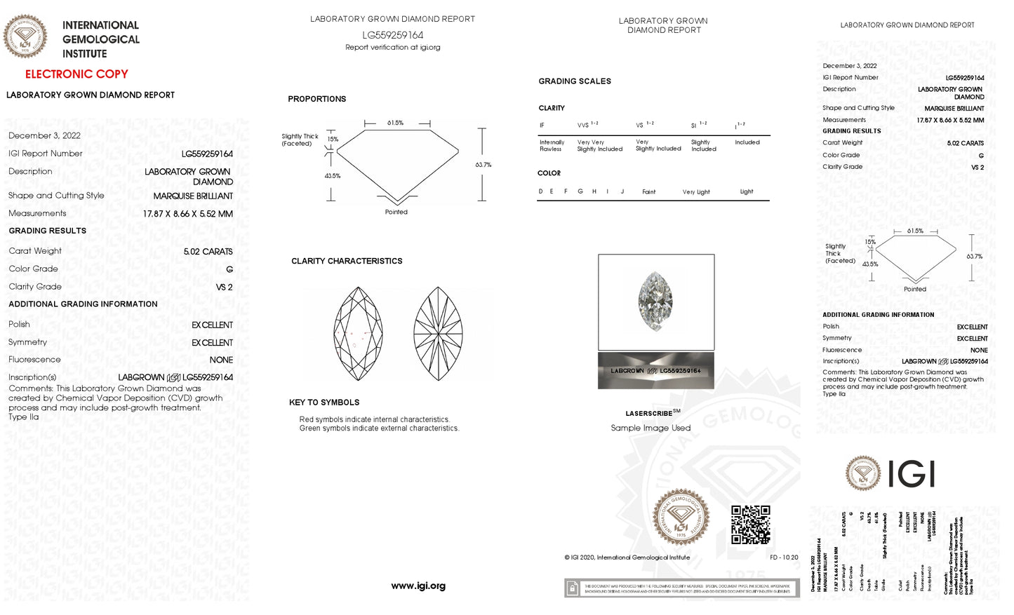 5.02 CT. Marquise VS2 Clarity / G Color IGI Certified Lab Grown Loose Diamond.
