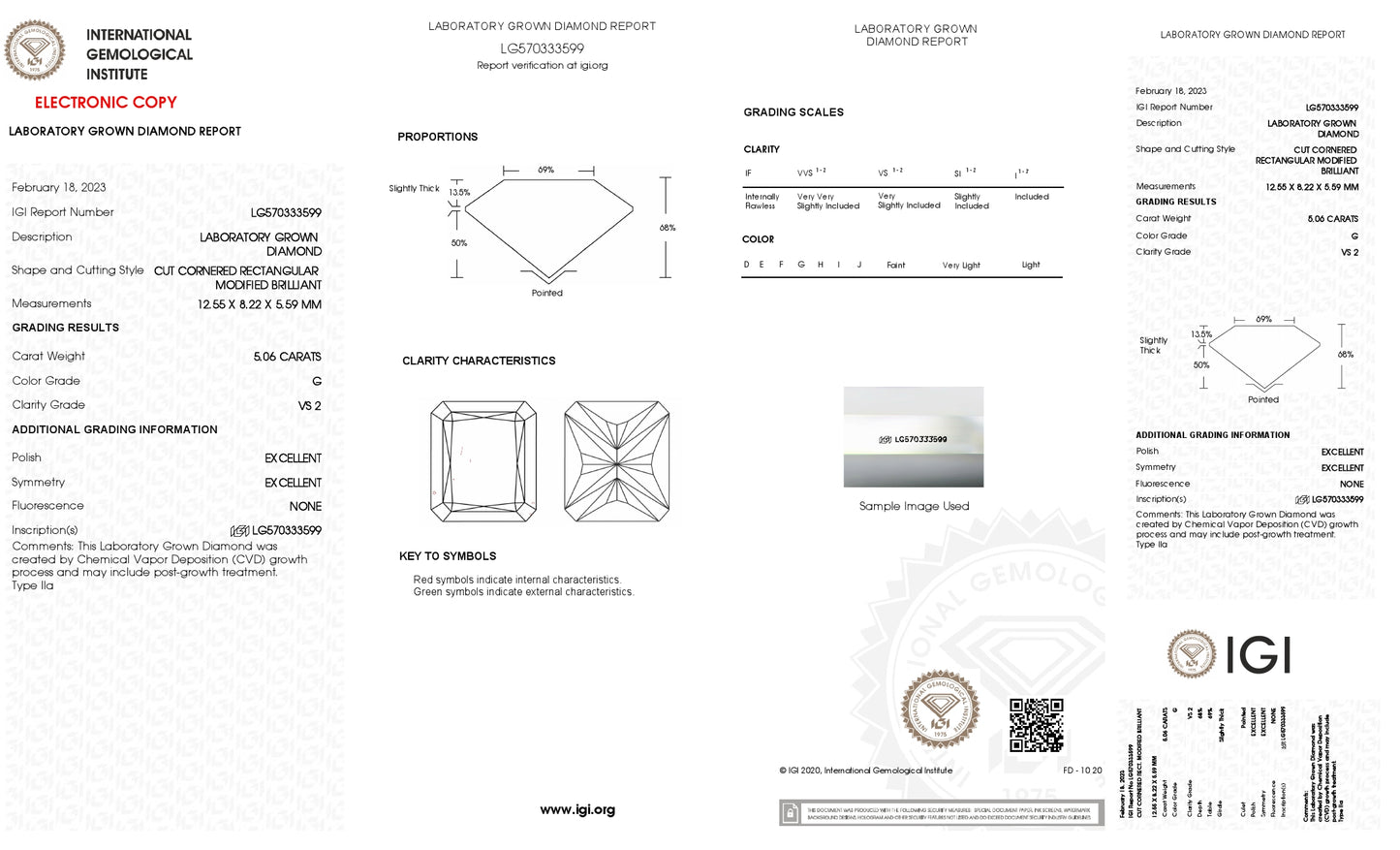 5.06 CT. Radiant VS2 Clarity / G Color IGI Certified Lab Grown Loose Diamond.