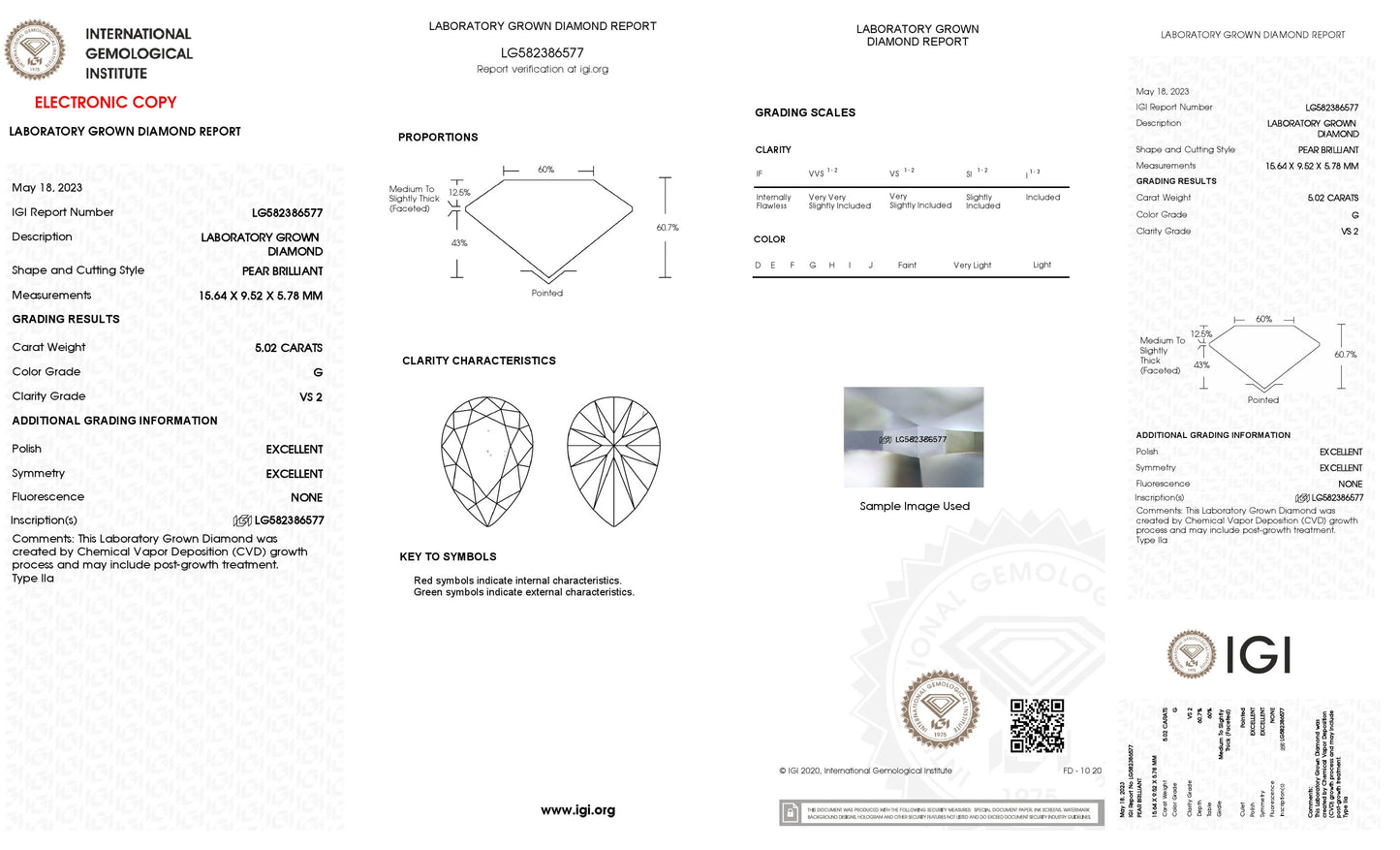 5.02 CT. Pear VS2 Clarity / G Color IGI Certified Lab Grown Loose Diamond.