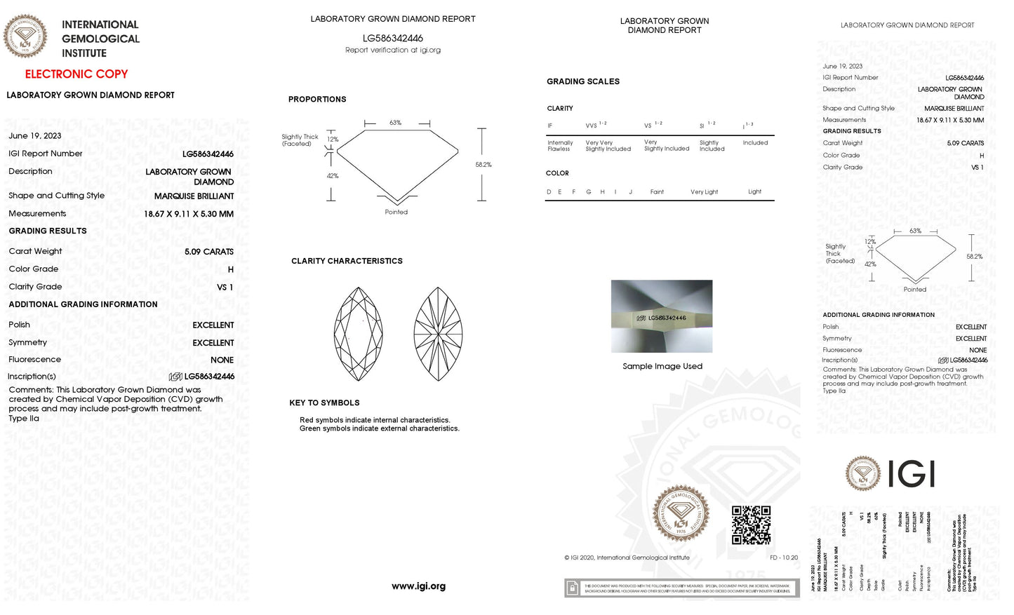 5.09 CT. Marquise VS1 Clarity / H Color IGI Certified Lab Grown Loose Diamond.