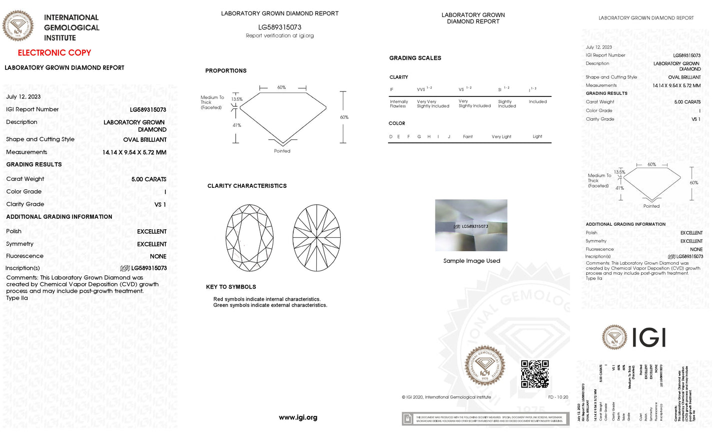 5.00 CT. Oval VS1 Clarity / I Color IGI Certified Lab Grown Loose Diamond.