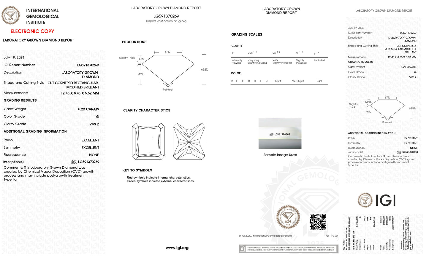5.29 CT. Radiant VVS2 Clarity / G Color IGI Certified Lab Grown Loose Diamond.