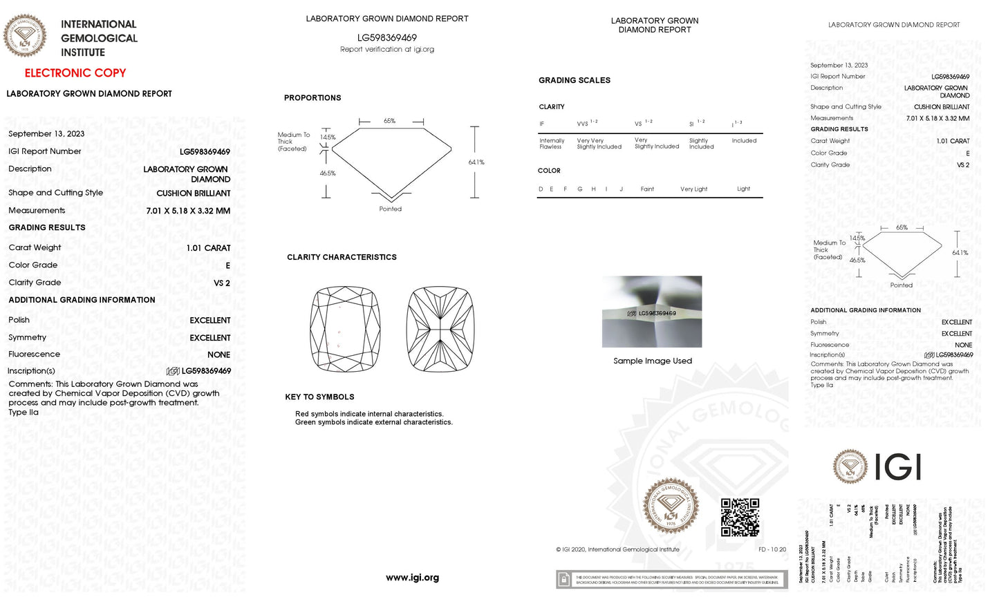 1.01 CT. Cushion VS2 Clarity / E Color IGI Certified Lab Grown Loose Diamond.