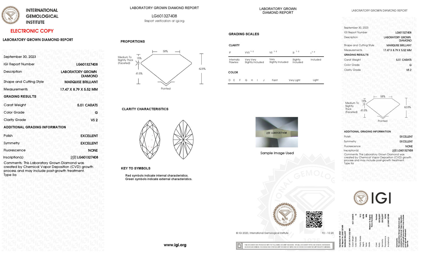 5.01 CT. Marquise VS2 Clarity / G Color IGI Certified Lab Grown Loose Diamond.