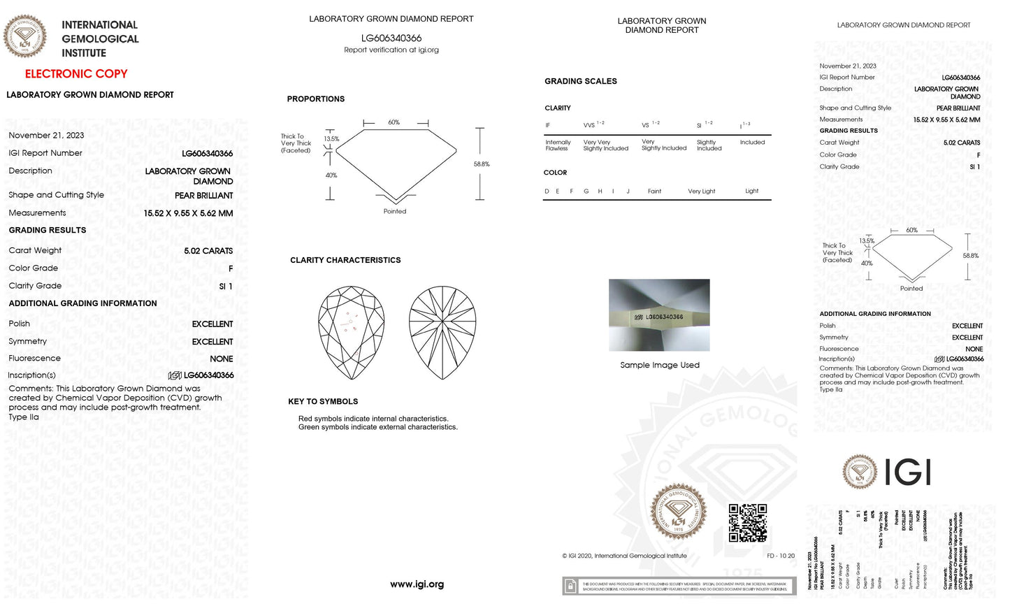 5.02 CT. Pear SI1 Clarity / F Color IGI Certified Lab Grown Loose Diamond.