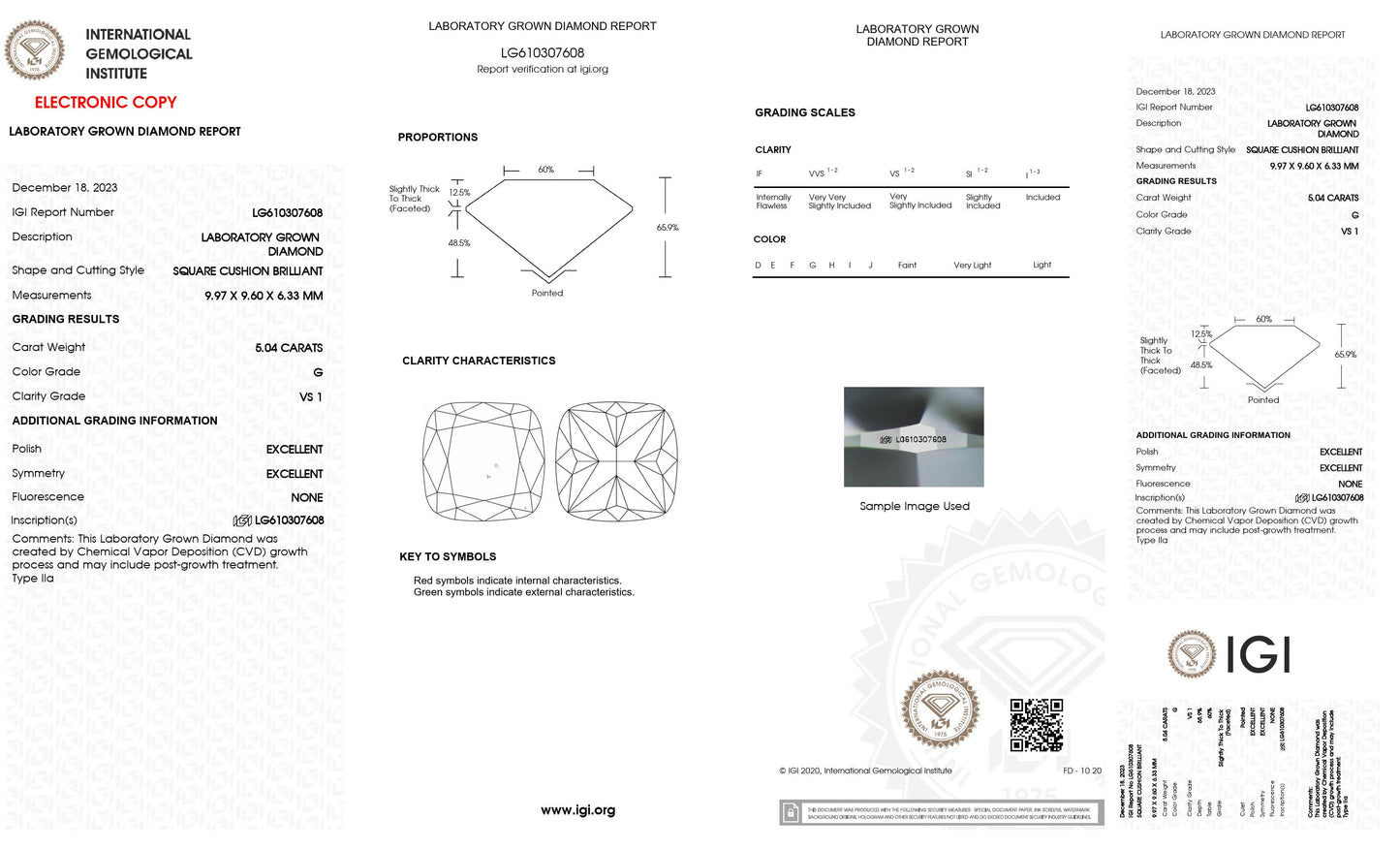 5.04 CT. Cushion VS1 Clarity / G Color IGI Certified Lab Grown Loose Diamond.