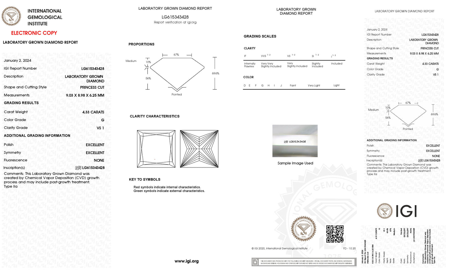4.33 CT. Princess VS1 Clarity / G Color IGI Certified Lab Grown Loose Diamond.