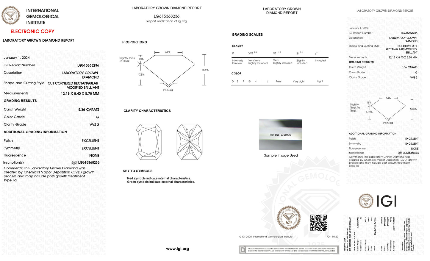 5.36 CT. Radiant VVS2 Clarity / G Color IGI Certified Lab Grown Loose Diamond.