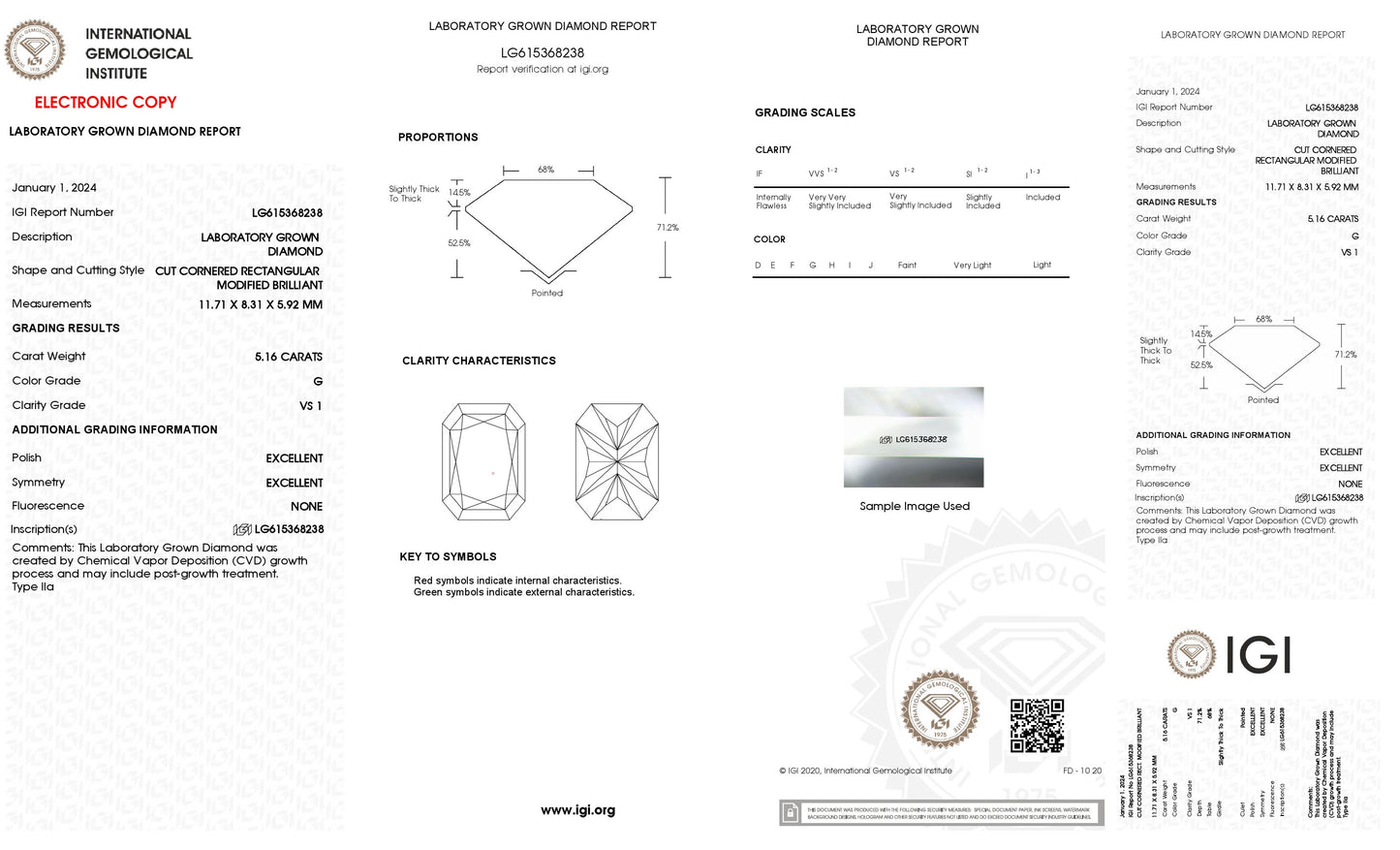 5.16 CT. Radiant VS1 Clarity / G Color IGI Certified Lab Grown Loose Diamond.