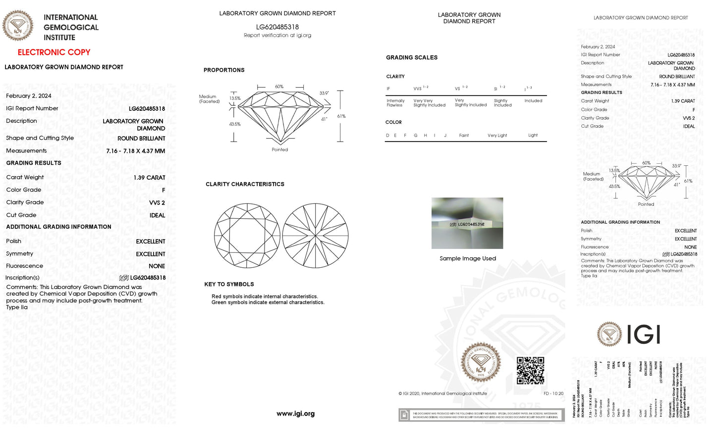 1.39 CT. Round VVS2 Clarity / F Color IGI Certified Lab Grown Loose Diamond.