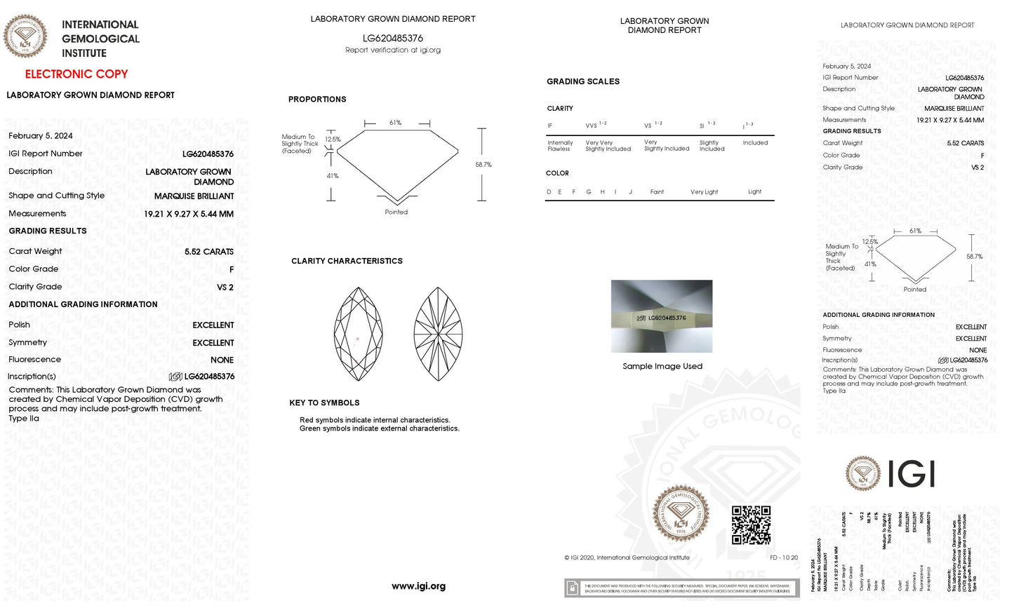 5.52 CT. Marquise VS2 Clarity / F Color IGI Certified Lab Grown Loose Diamond.