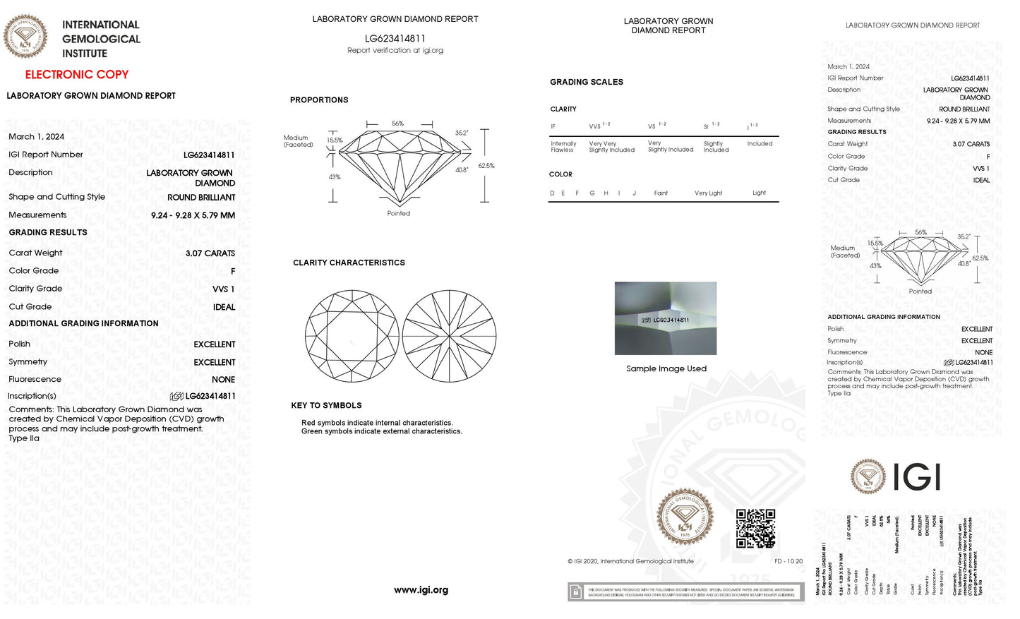 3.07 CT. Round VVS1 Clarity / F Color IGI Certified Lab Grown Loose Diamond.