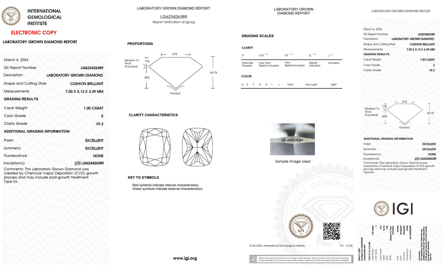 1.00 CT. Cushion VS2 Clarity / E Color IGI Certified Lab Grown Loose Diamond.