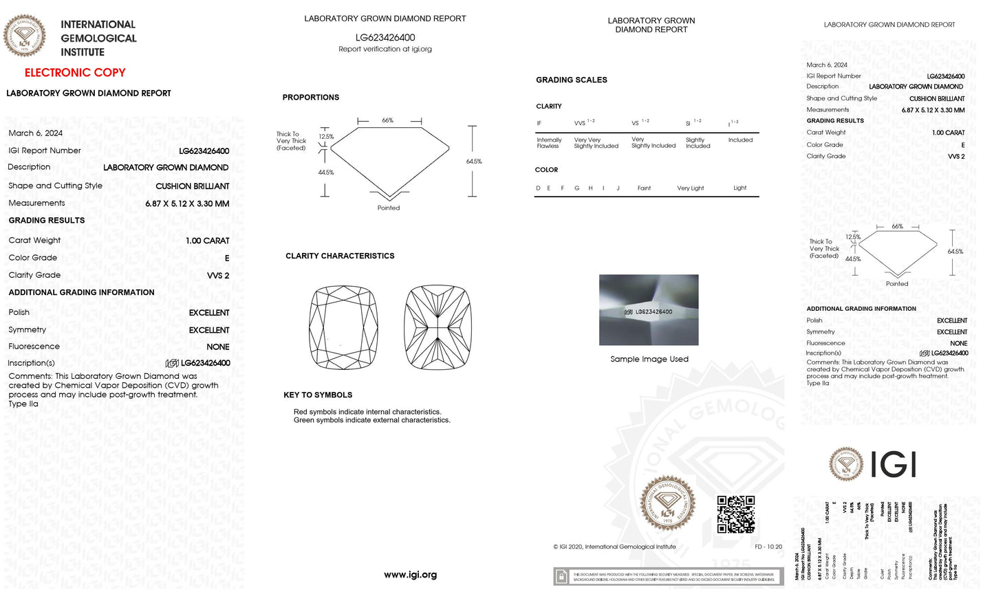 1.00 CT. Cushion VVS2 Clarity / E Color IGI Certified Lab Grown Loose Diamond.