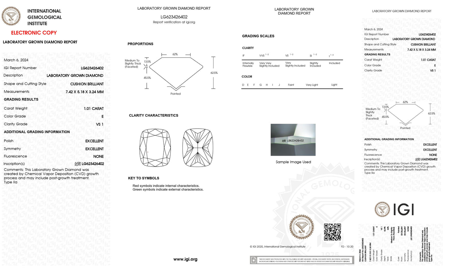 1.01 CT. Cushion VS1 Clarity / E Color IGI Certified Lab Grown Loose Diamond.