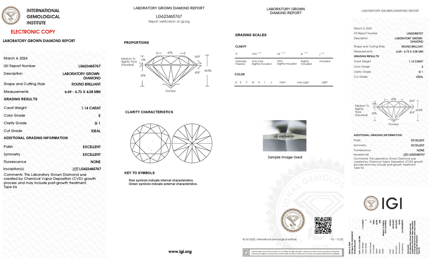 1.14 CT. Round SI1 Clarity / E Color IGI Certified Lab Grown Loose Diamond.