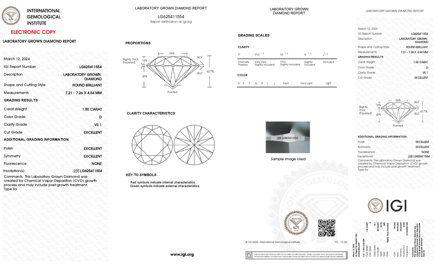 1.50 CT. Round VS1 Clarity / D Color IGI Certified Lab Grown Loose Diamond.