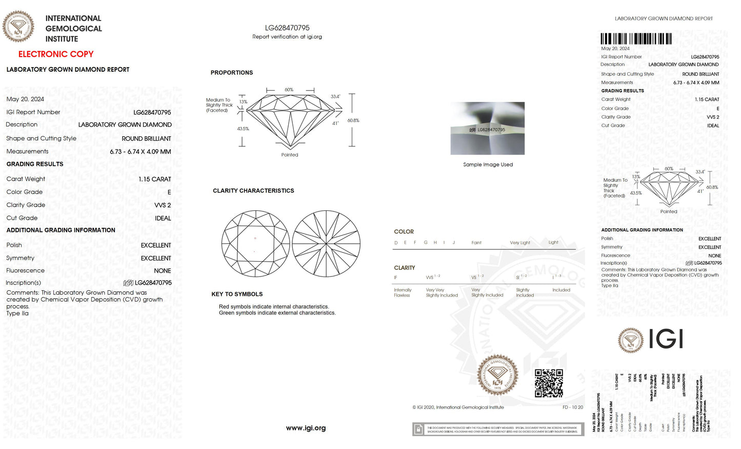 1.15 CT. Round VVS2 Clarity / E Color IGI Certified Lab Grown Loose Diamond.