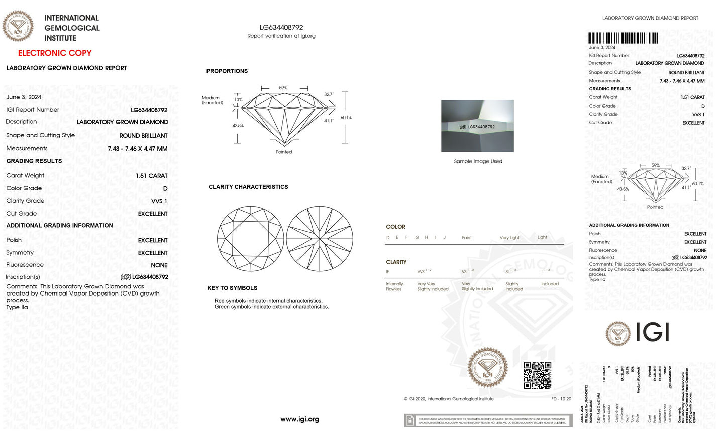 1.51 CT. Round VVS1 Clarity / D Color IGI Certified Lab Grown Loose Diamond.