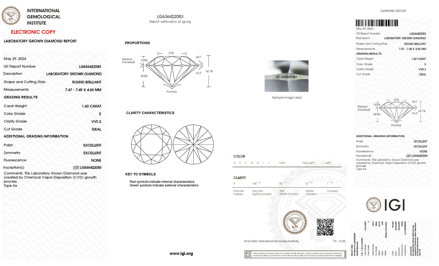 1.60 CT. Round VVS2 Clarity / E Color IGI Certified Lab Grown Loose Diamond.