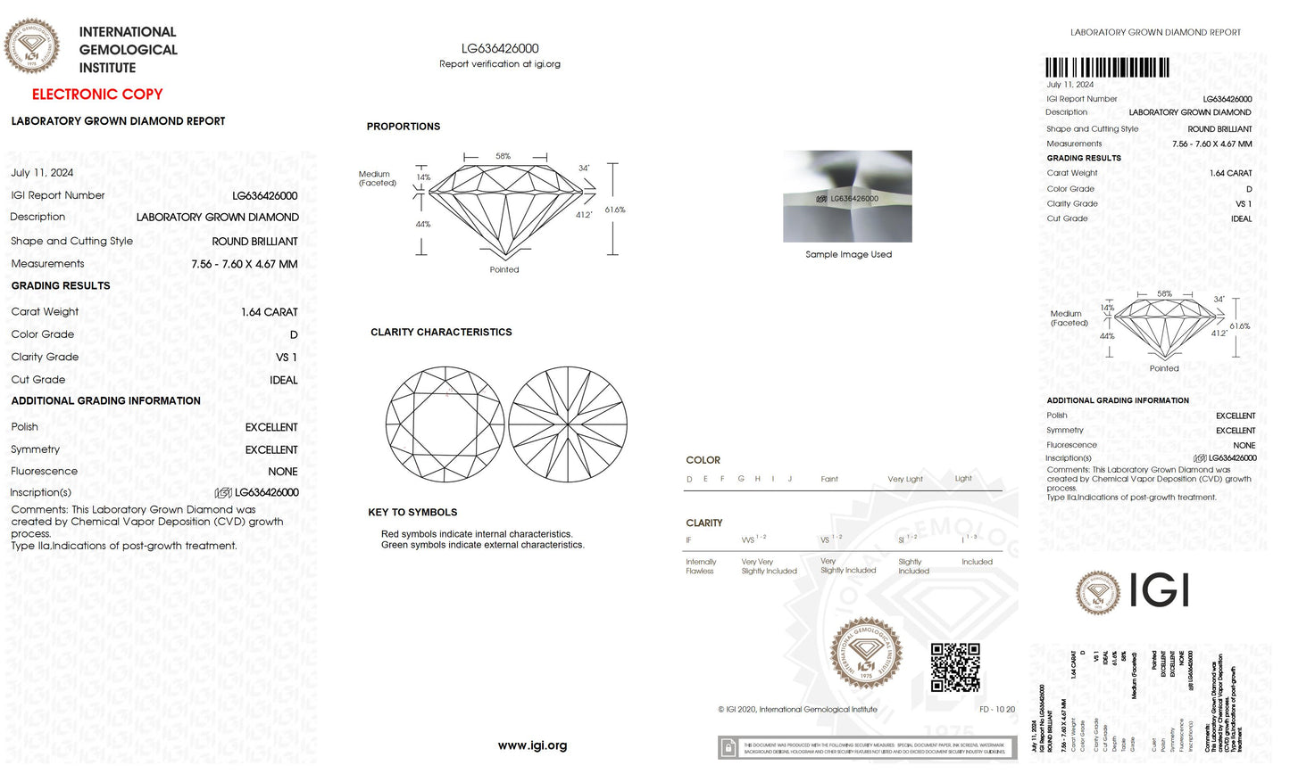 1.64 CT. Round VS1 Clarity / D Color IGI Certified Lab Grown Loose Diamond.