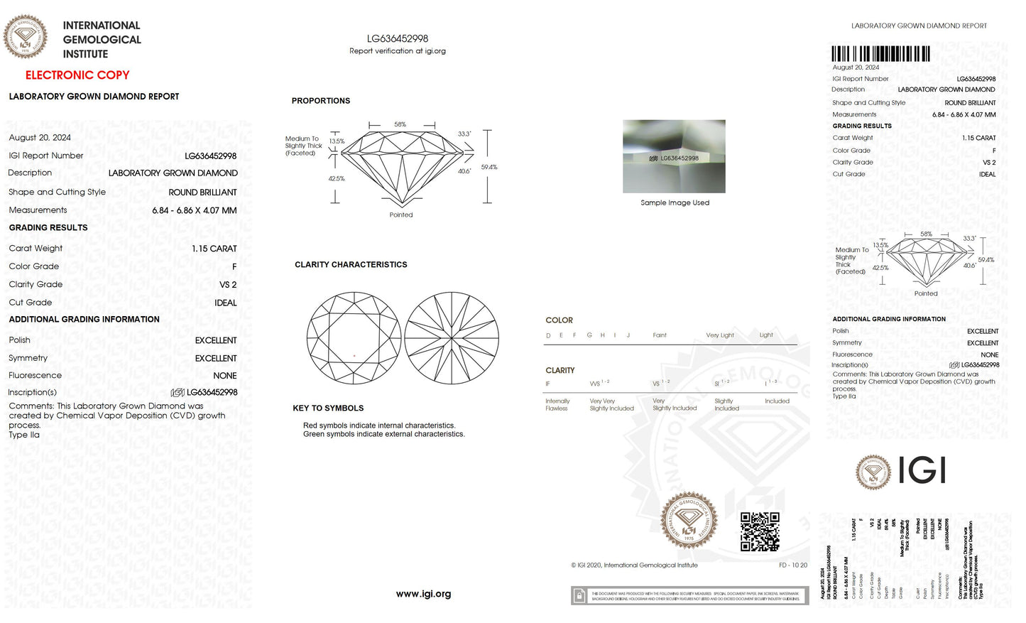 1.15 CT. Round VS2 Clarity / F Color IGI Certified Lab Grown Loose Diamond.