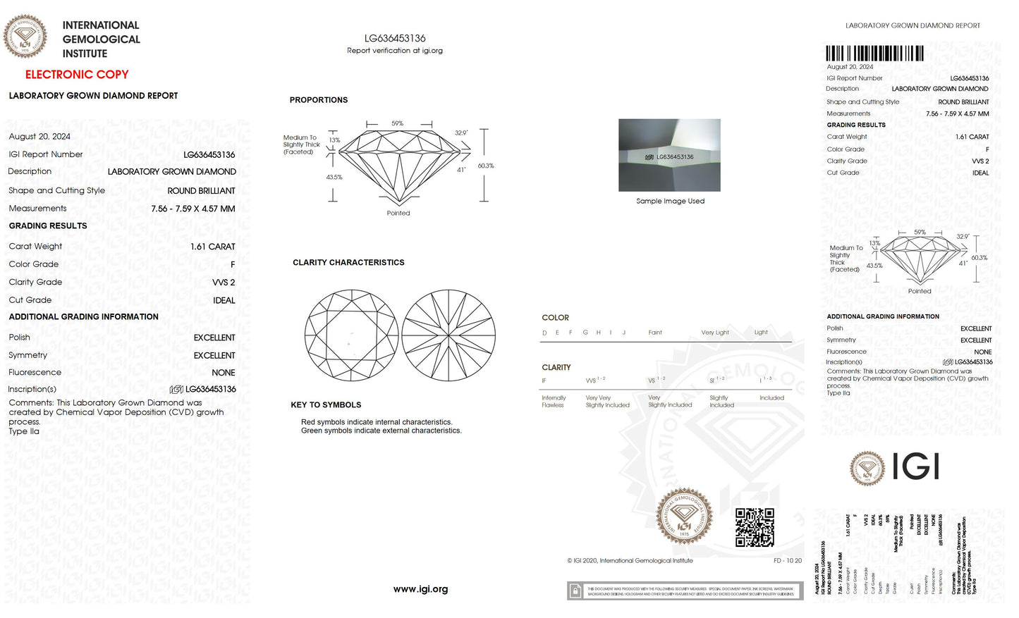 1.61 CT. Round VVS2 Clarity / F Color IGI Certified Lab Grown Loose Diamond.