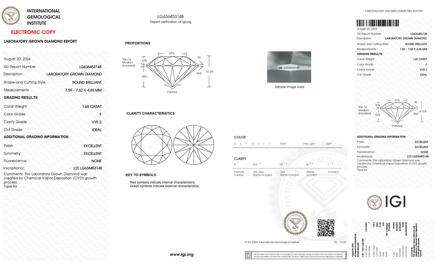 1.65 CT. Round VVS2 Clarity / F Color IGI Certified Lab Grown Loose Diamond.