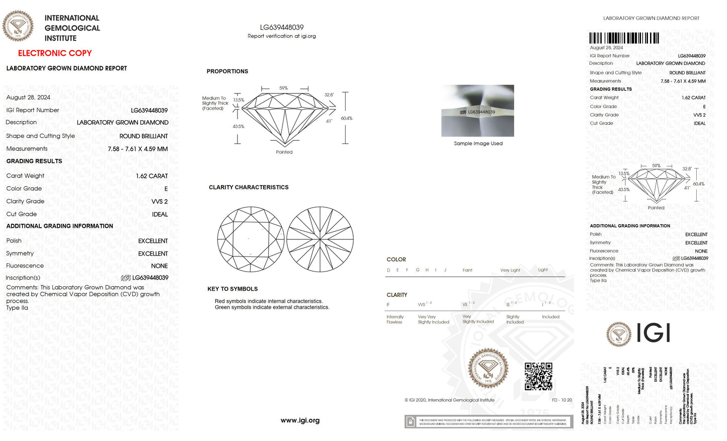 1.62 CT. Round VVS2 Clarity / E Color IGI Certified Lab Grown Loose Diamond.