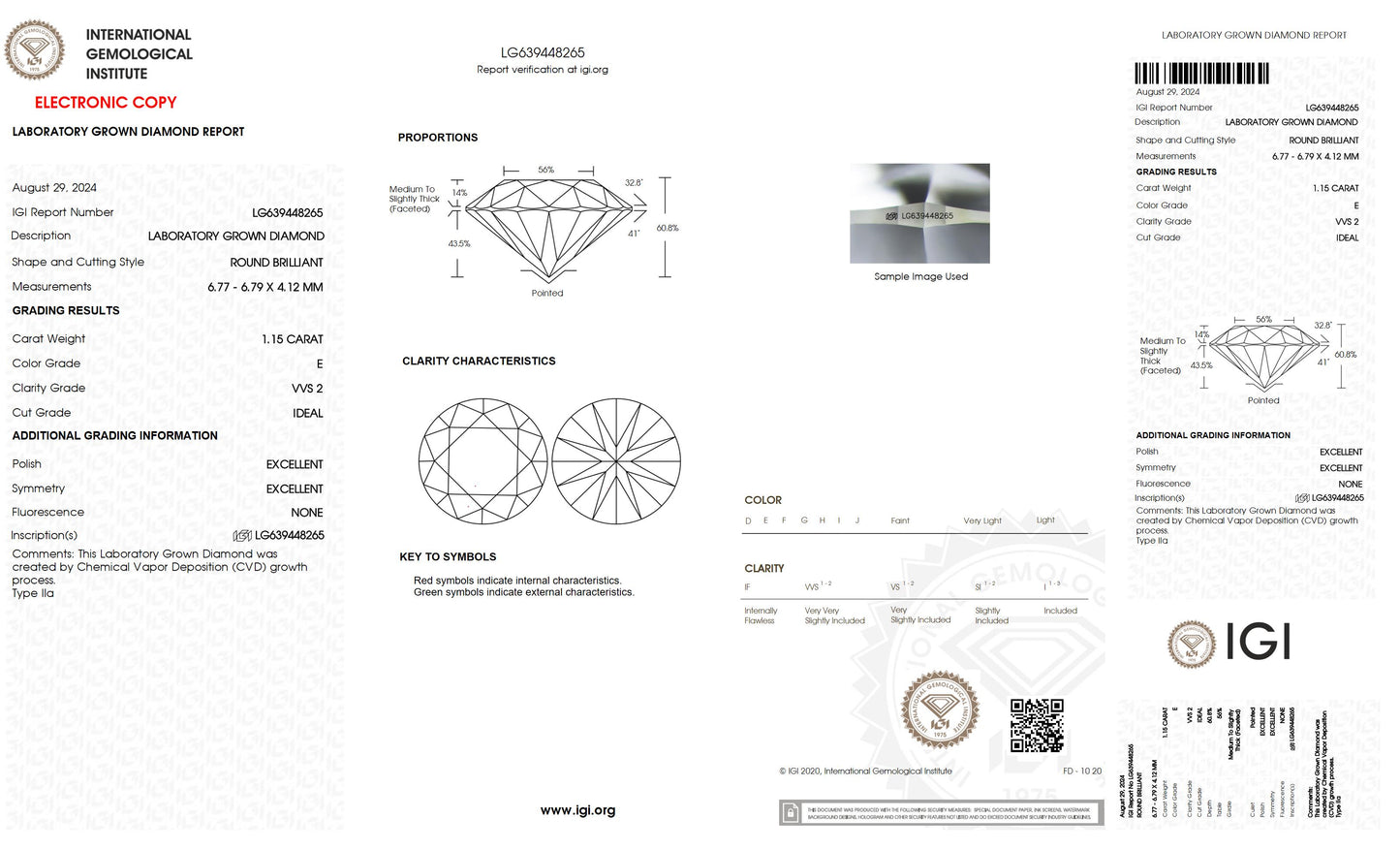 1.15 CT. Round VVS2 Clarity / E Color IGI Certified Lab Grown Loose Diamond.