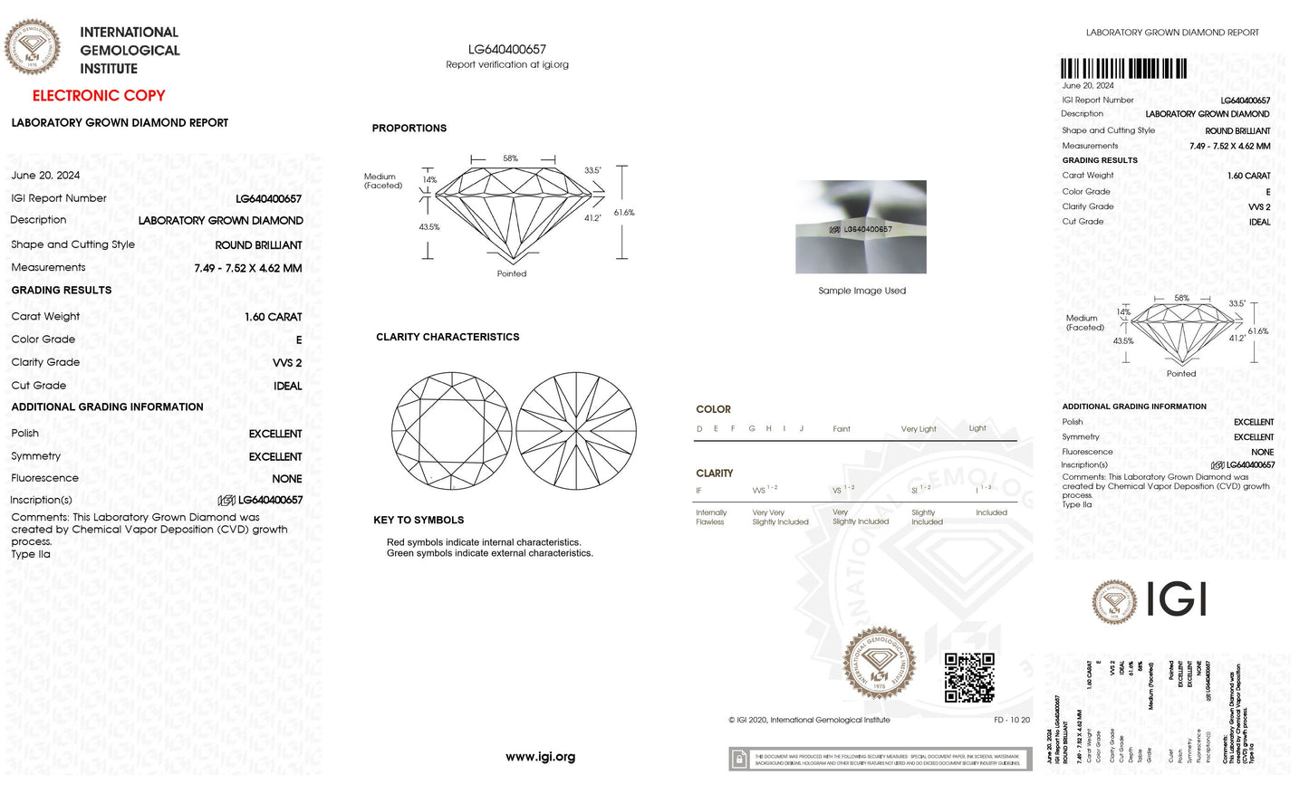 1.60 CT. Round VVS2 Clarity / E Color IGI Certified Lab Grown Loose Diamond.