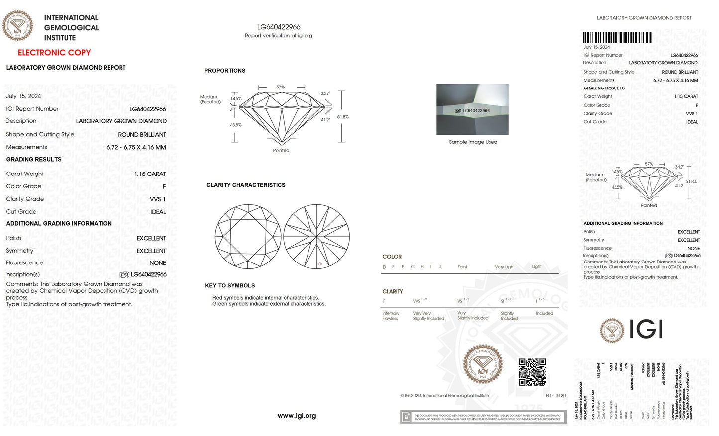 1.15 CT. Round VVS1 Clarity / F Color IGI Certified Lab Grown Loose Diamond.