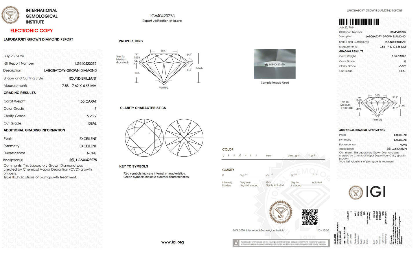 1.65 CT. Round VVS2 Clarity / E Color IGI Certified Lab Grown Loose Diamond.