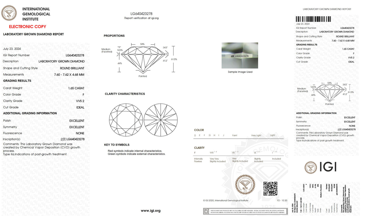 1.65 CT. Round VVS2 Clarity / F Color IGI Certified Lab Grown Loose Diamond.