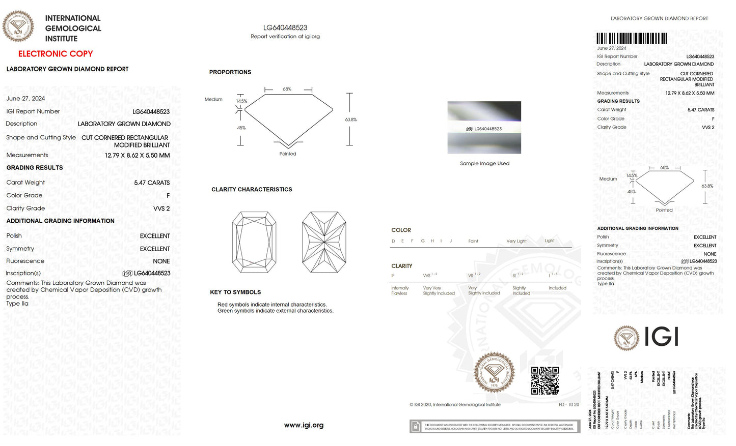 5.47 CT. Radiant VVS2 Clarity / F Color IGI Certified Lab Grown Loose Diamond.