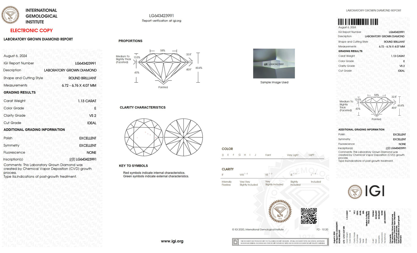 1.13 CT. Round VS2 Clarity / E Color IGI Certified Lab Grown Loose Diamond.