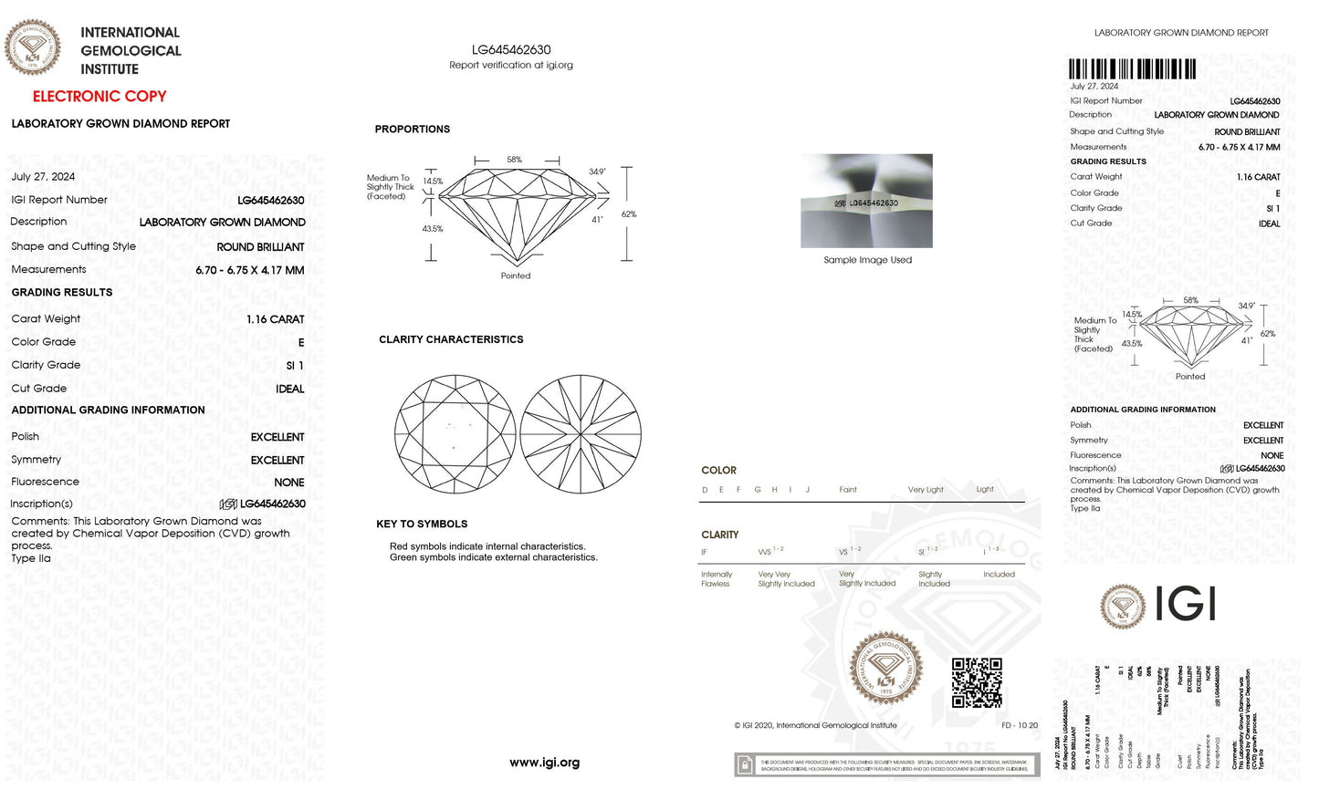 1.16 CT. Round SI1 Clarity / E Color IGI Certified Lab Grown Loose Diamond.