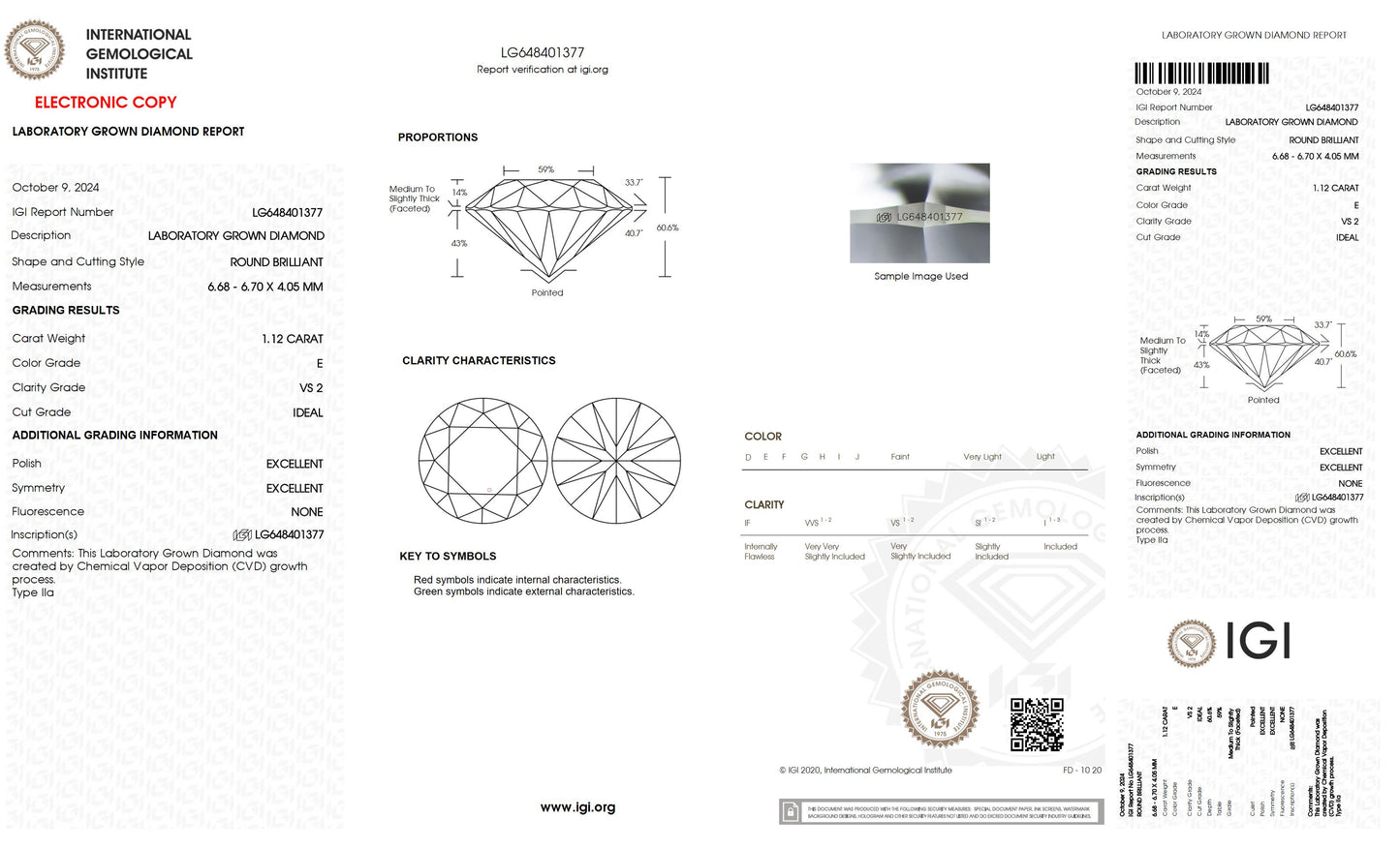 1.12 CT. Round VS2 Clarity / E Color IGI Certified Lab Grown Loose Diamond.