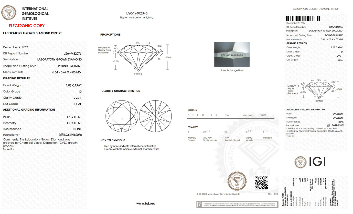 1.08 CT. Round VVS1 Clarity / D Color IGI Certified Lab Grown Loose Diamond.