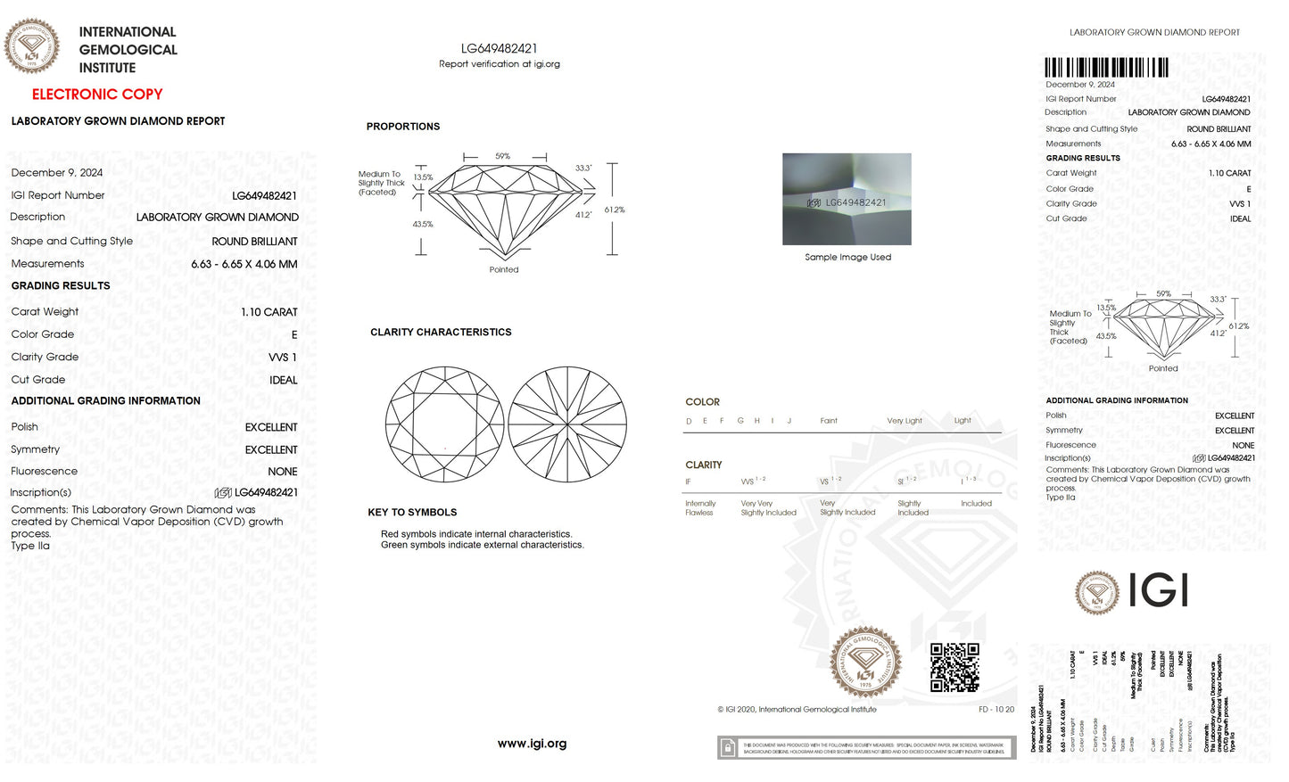 1.10 CT. Round VVS1 Clarity / E Color IGI Certified Lab Grown Loose Diamond.