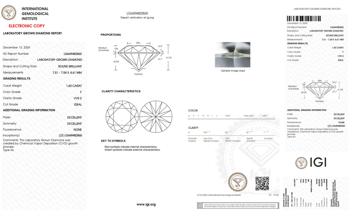 1.60 CT. Round VVS2 Clarity / F Color IGI Certified Lab Grown Loose Diamond.