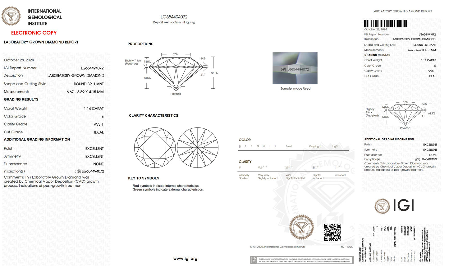 1.14 CT. Round VVS1 Clarity / E Color IGI Certified Lab Grown Loose Diamond.