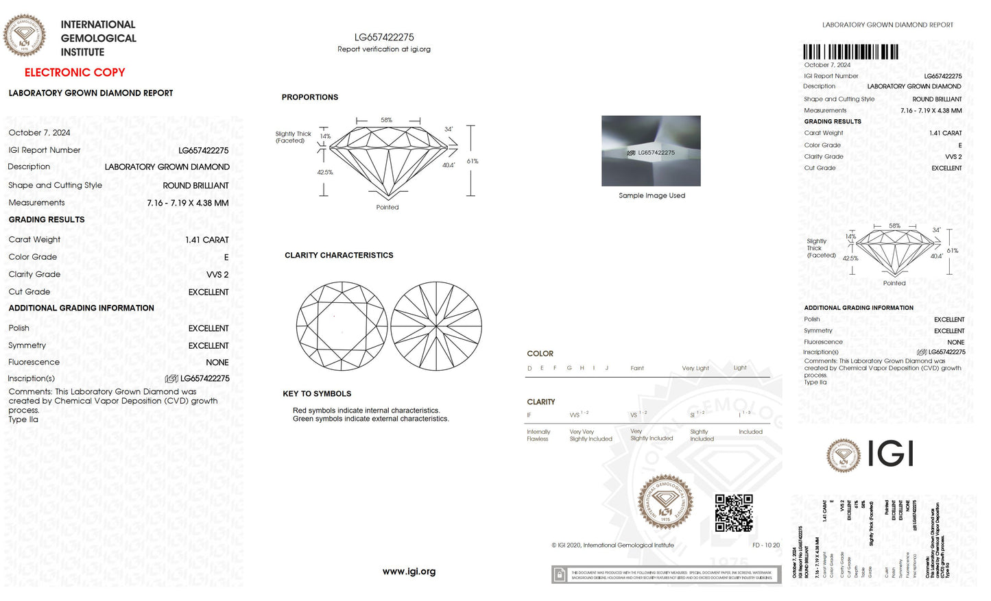 1.41 CT. Round VVS2 Clarity / E Color IGI Certified Lab Grown Loose Diamond.