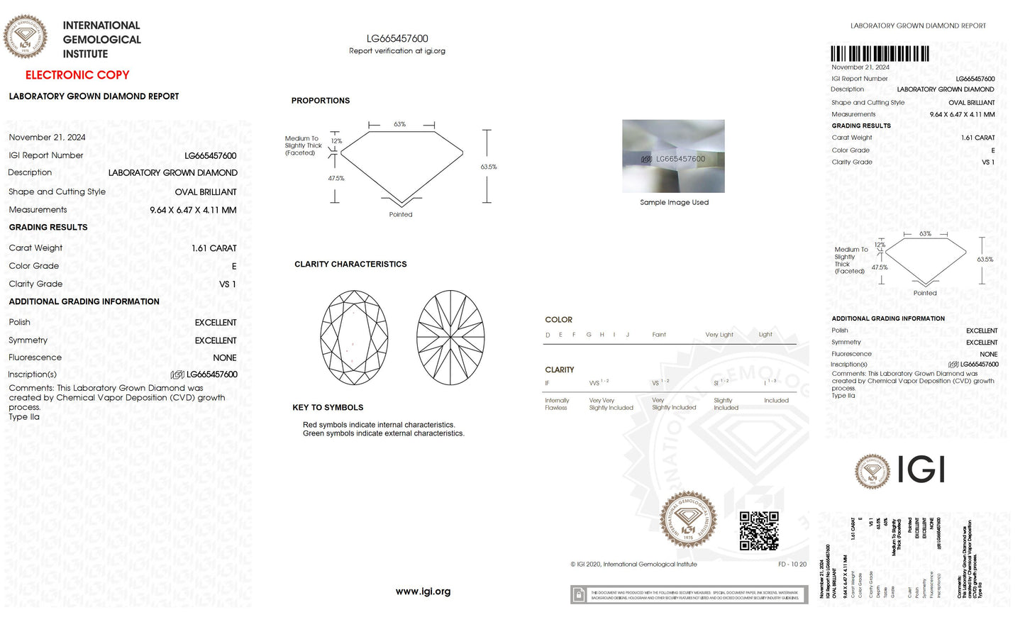 1.61 CT. Oval VS1 Clarity / E Color IGI Certified Lab Grown Loose Diamond.